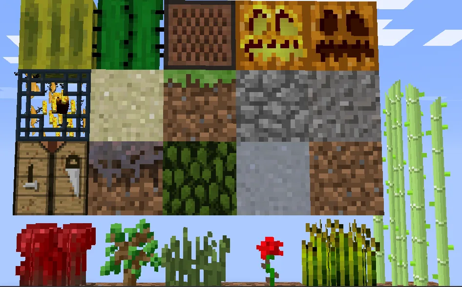 Exemplos de blocos sem proteção no Mundo 1, como terra, cascalho, cactos, abóboras, folhas e flores