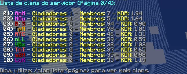 Lista de clans no chat com vitórias de Gladiador, número de membros e KDR