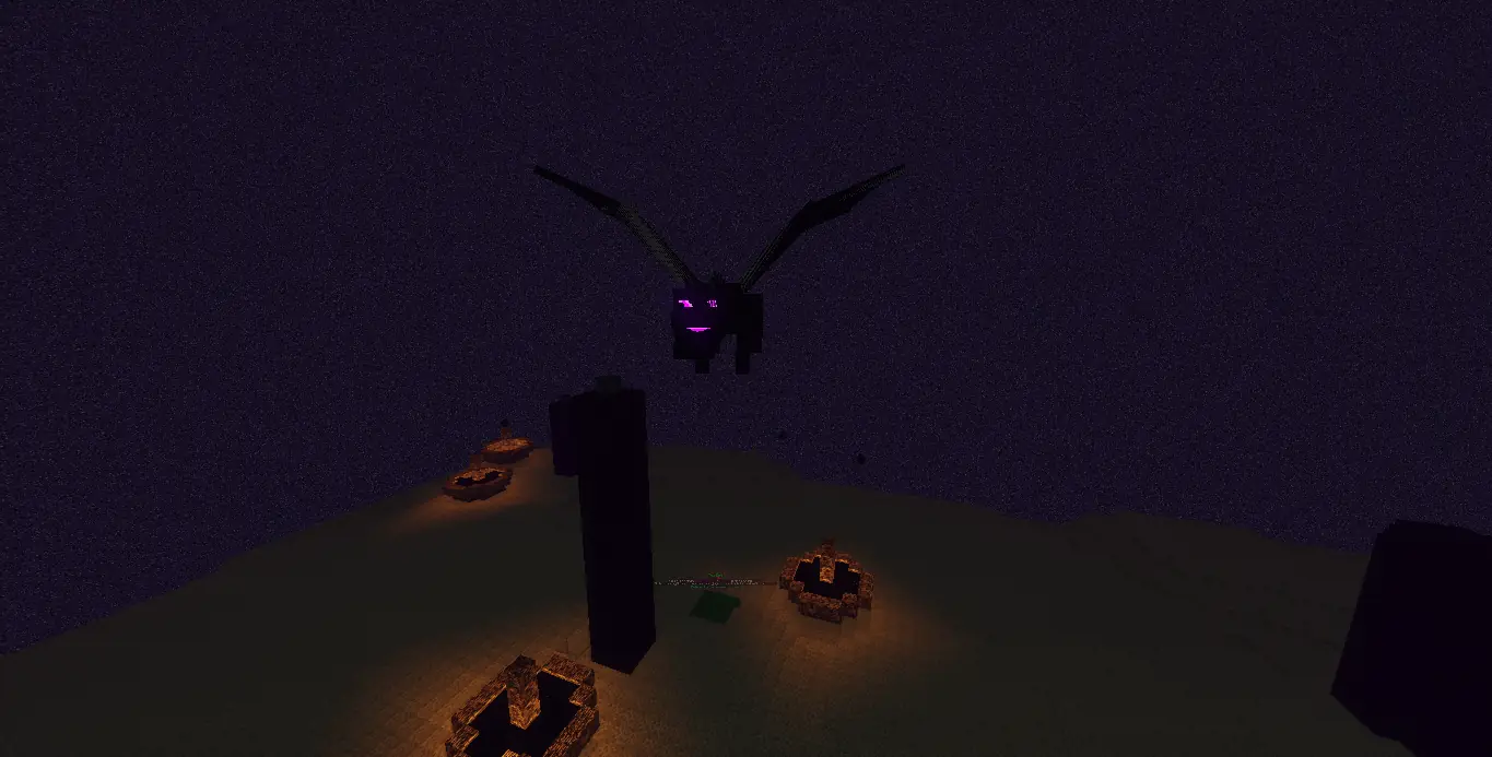 O Ender Dragon voando no céu escuro da /warp end